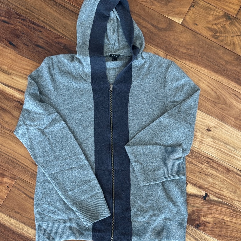 Theory Gray and Black Zip-Up Sweater